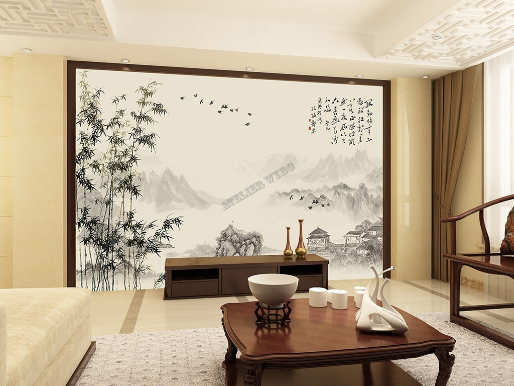 papier peint chinois chinese wallpaper paysage avec les bambous